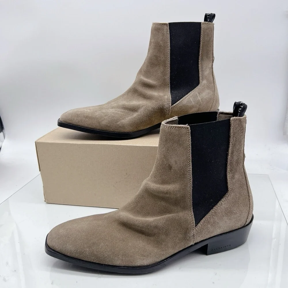 AllSaints Markus Dark Sand Suede Chelsea Ankle Boots Mens EU 42 US 9